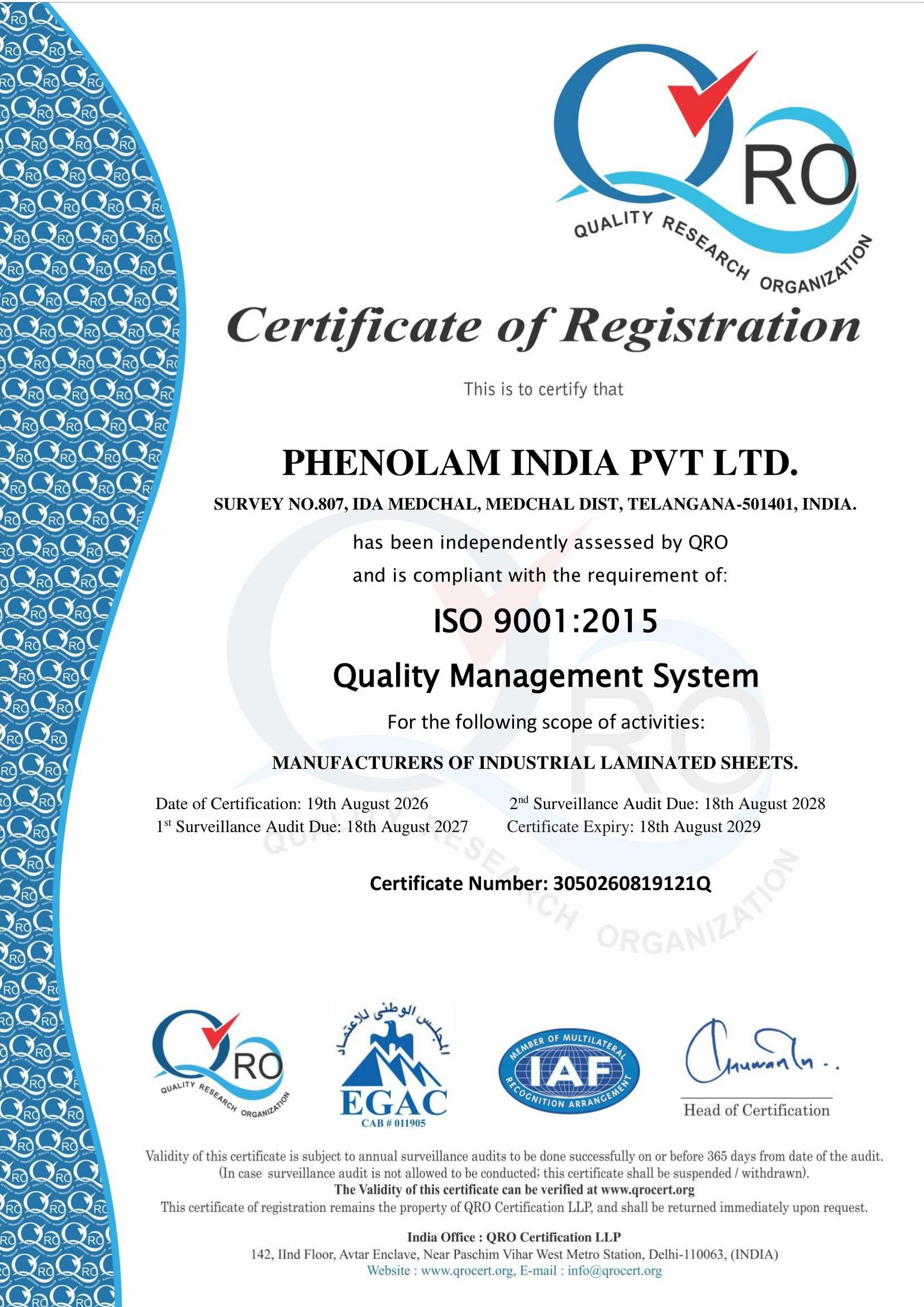 ISO 9001:2015 Certificate - Phenolam India Pvt Ltd